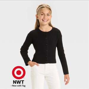 NWT Girls' Ribbed Knit Long Sleeve Cardigan - Black